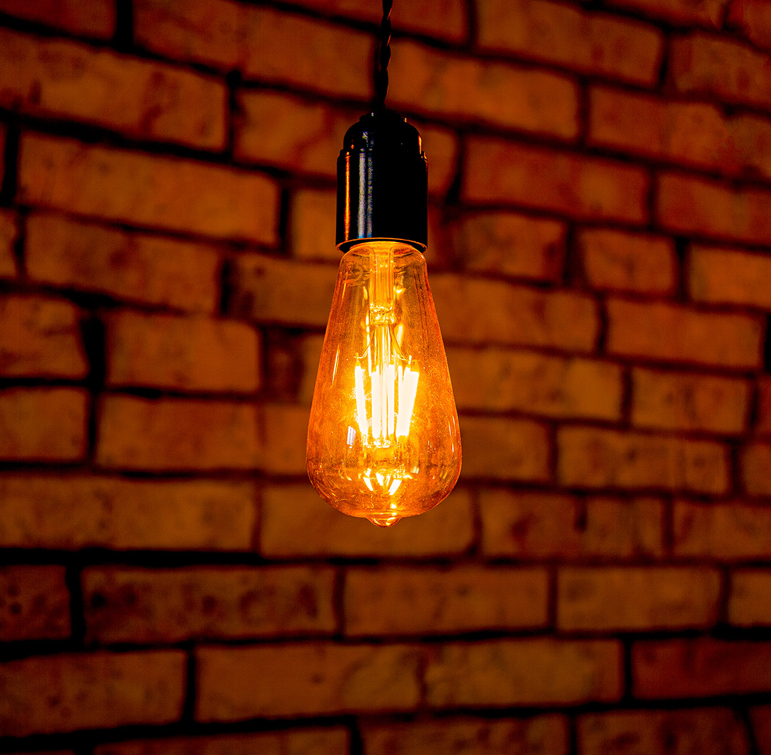 Edison Light Bulb in front of brick