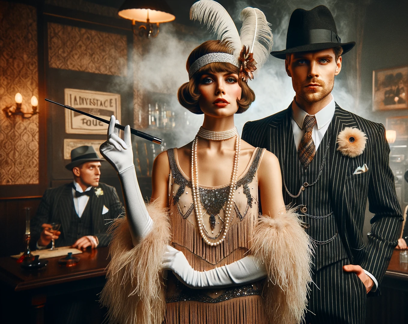 A flapper and a gangster in a speakeasy during prohibition in the roaring 20s