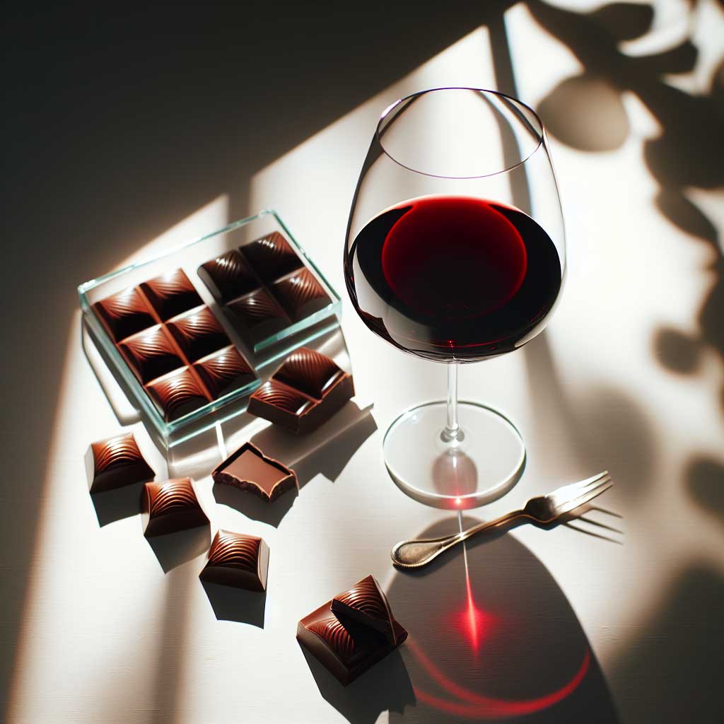 An image of red wine and chocolate